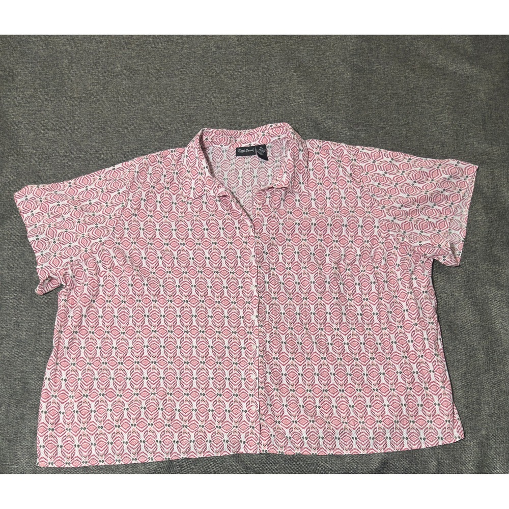 Maggie Barnes Womens 5X Button Up Shirt Geometric Short Sleeve Seersucker